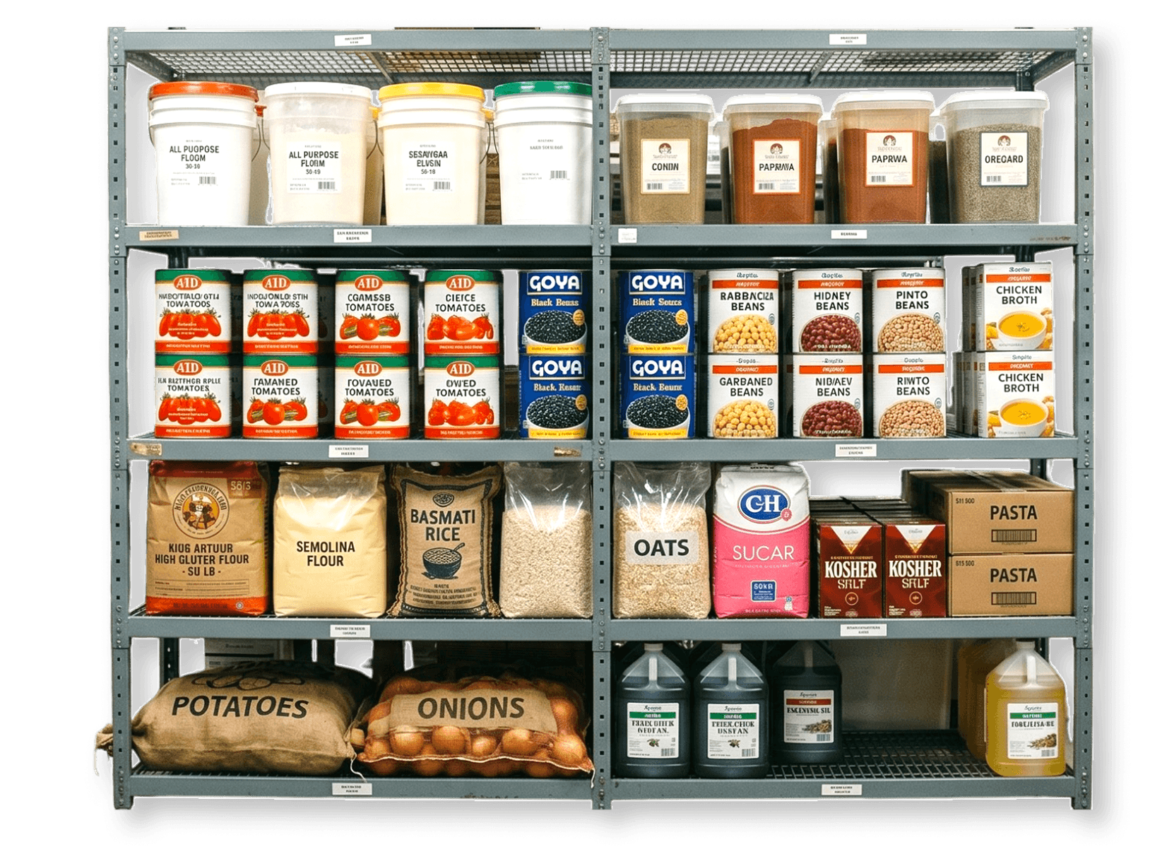 Dry goods store room with ingredients