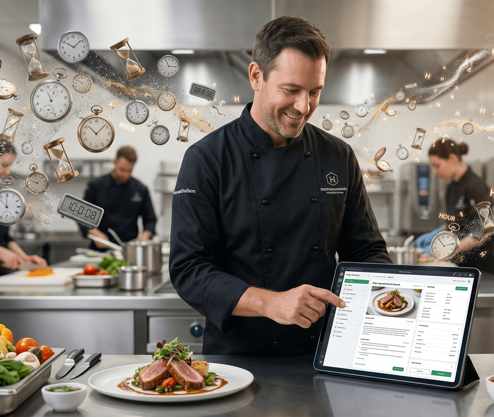 Chef reviewing a tablet in a kitchen